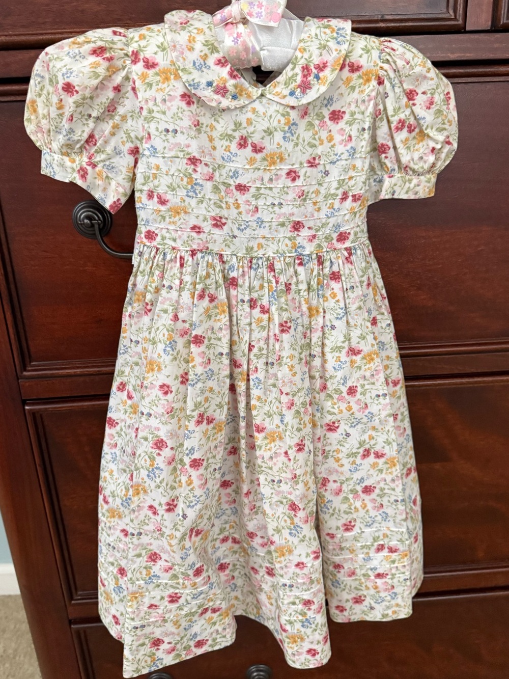 Strasburg Children Floral Puff-Sleeve Dress with Pink, Yellow & Blue Flowers